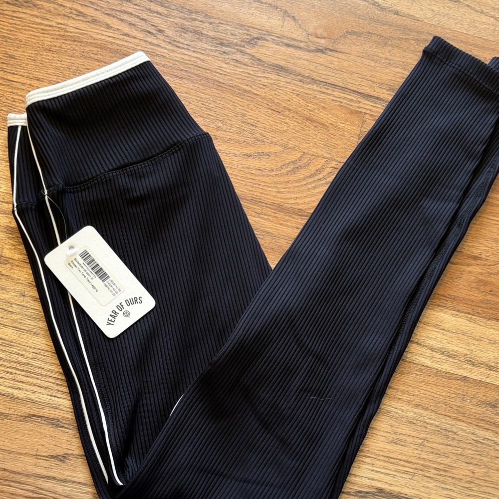 Year of Ours Black Ribbed Leggings with White Trim